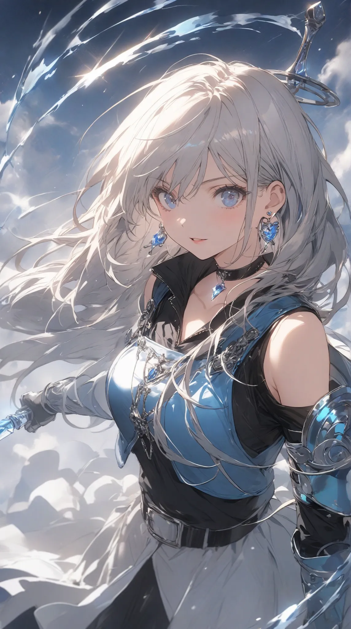 A young woman with short silver-gray hair featuring a blue gradient toward the tips. Her hair is neatly arranged above her shoulders, giving off an intellectual and light atmosphere. Her beautiful blue eyes, drawn in a cute anime style, reflect intelligenc...