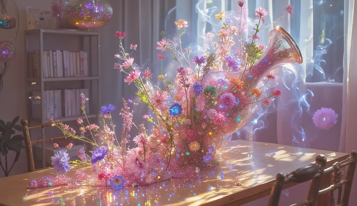 Create a highly realistic photographic image of a futuristic vase in the process of falling, captured mid-motion as it tips over and spills its surreal floral arrangement onto a wooden table. The vase, featuring intricate and artistic designs, should appea...
