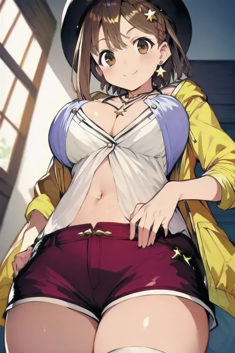 ライザリン・シュタウト,(masterpiece, best quality:1.2),2D, anime, Anime art, line art , watercolor,loli, 1 girl , chest, (large breasts),braid, (brown eyes), (brown hair), hat, jewelry, necklace, (red shorts), (reisalin stout), (short shorts), shorts, smile, solo, (s...