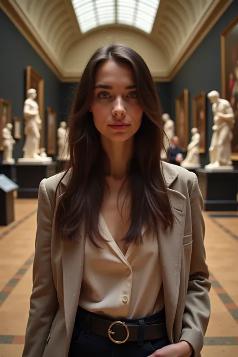 An amateur Instagram-style picture of a 20-year-old woman with long dark brown hair and striking blue eyes exploring a museum in London. She is dressed in a chic yet casual outfit, such as an elegant blouse with tailored pants, a stylish dress, or a fashio...