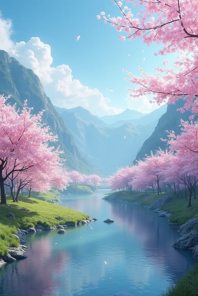 Cherry blossoms bloom profusely in the mountains、blue sky、river