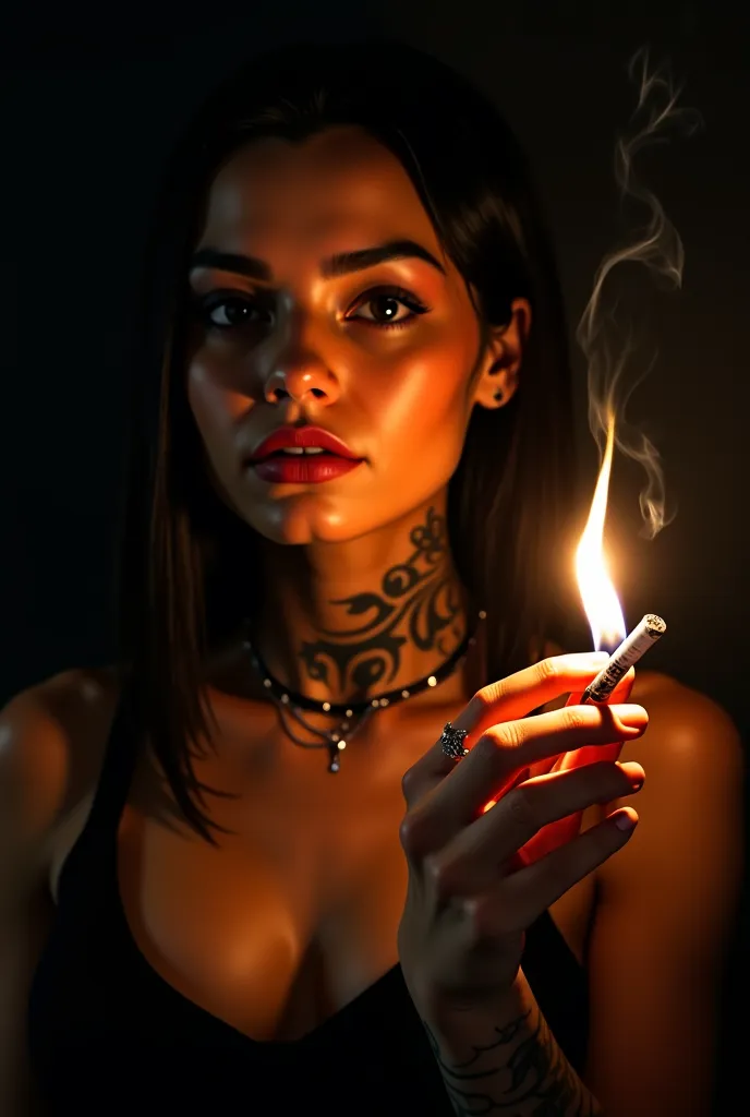 A light dark skinned woman, with dark hair,   and a beautiful beauty, holding a cigarette in her hand, background is black, transparent light is yellow, flashing in her face, a cigarette is on fire, tattoos around her neck. photorealistic, extremely detail...