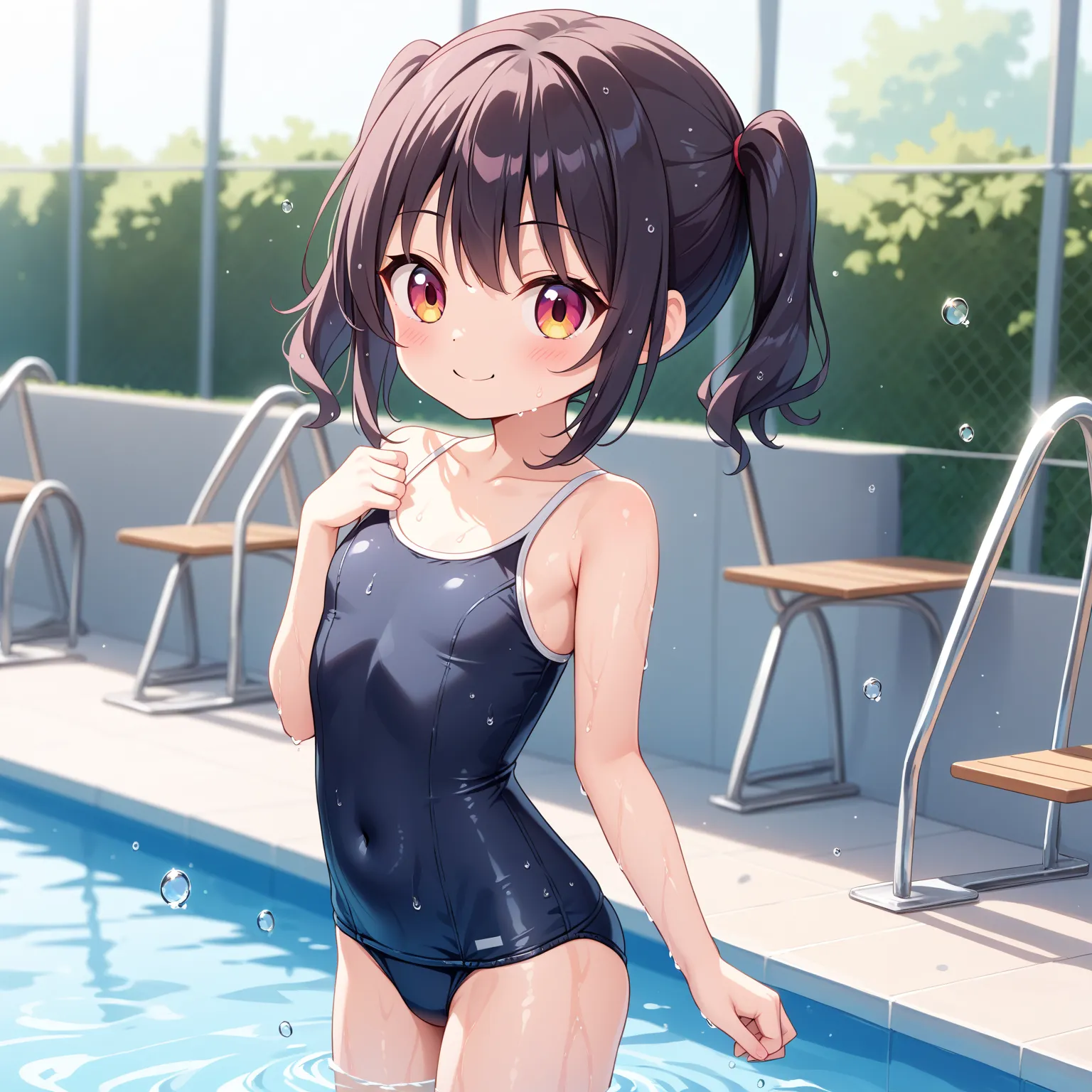 {best quality}, {very aesthetic}, {ultra-detailed}, {best illustration}, {masterpiece}, {detailed beautiful eyes}, {extremely detailed}, nsfw, cute female ,shiny black old school swimsuit, wet, water drops, poolside:1.4), , , (loli, little, ultra cute kawa...