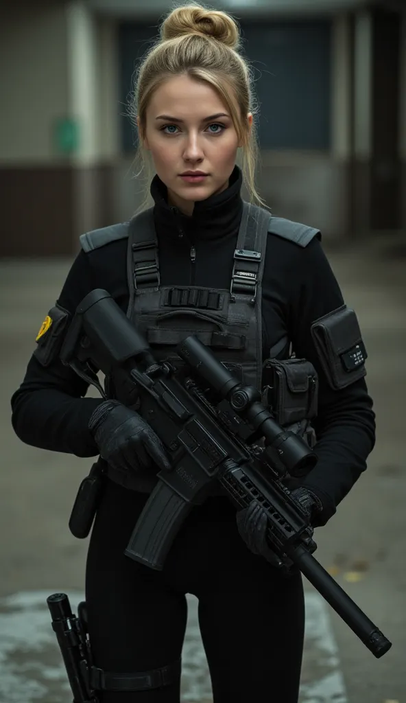 "A breathtaking German female soldier with sharp blue eyes and blonde hair tied in a low bun, wearing a sleek black and gray KSK (Kommando Spezialkräfte) tactical uniform. She grips an HK416 rifle with a suppressor, standing in an abandoned factory with di...