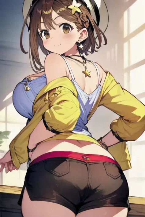 ライザリン・シュタウト,(masterpiece, best quality:1.2),2D, anime, Anime art, line art , watercolor,loli, 1 girl , chest, (large breasts),braid, (brown eyes), (brown hair), hat, jewelry, necklace, (red shorts), (reisalin stout), (short shorts), shorts, smile, solo, (s...