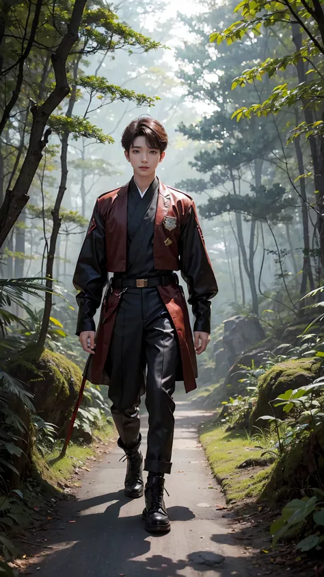  A young male ，Around 20 years old， beautiful and beautiful ，Korean boy band style，Air Force ，brunette，Walking in the woods，fantasy style，surreal， HD，OC Rendering