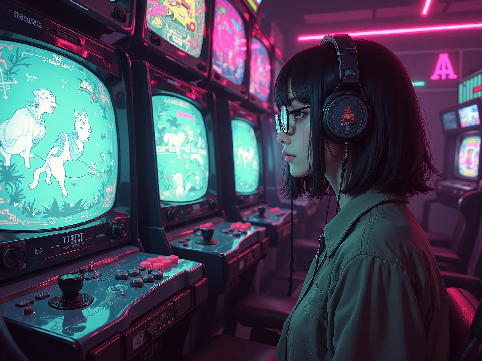 A woman is lost in a retro arcade , Video game monitors are randomly placed tightly without gaps,  a dark-haired girl wearing an olive green one-point dress based on white , She's wearing Dr. Martens boots and glasses, Listening to 70s punk with high quali...