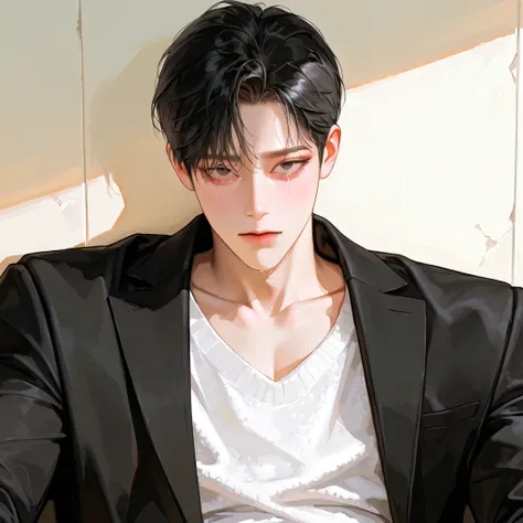 handsome,  sitting , (((upper body))), Dark circles, panda eyes, Worn out, black hair,  1 man with a gun, short hair, dark black hair,  sheds tears, crying, crying, MALE FOCUS, handsome man, sharp eyes, Korean Comic Style ,  I can see my collarbone,  semi-...