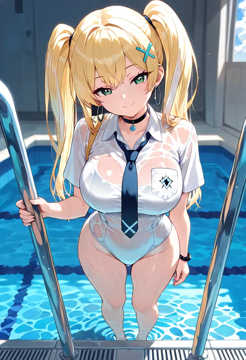 portrait, cute girl with no left leg, alone,    school uniform(( white shirt， chest pocket )),  tie，See-through school swimsuit from her uniform(( {{x}}))，,  long hair((Twin Tails)),私の髪型はTwin Tailsです，  blonde with white tips,  金色のTwin Tails， cute hair orna...