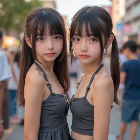 cuteloli,loli,hyper realistic,HD,best quality,(14-years-old),(sexy halter dress),looking at viewer,depth of field,full_body_shot,from_above,street scenery,high heels,twins,standing,