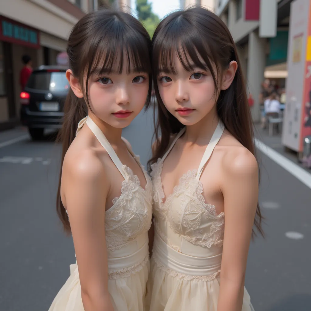 cuteloli,loli,hyper realistic,HD,best quality,(14-years-old),(sexy halter dress),looking at viewer,depth of field,full_body_shot,from_above,street scenery,high heels,twins,standing,