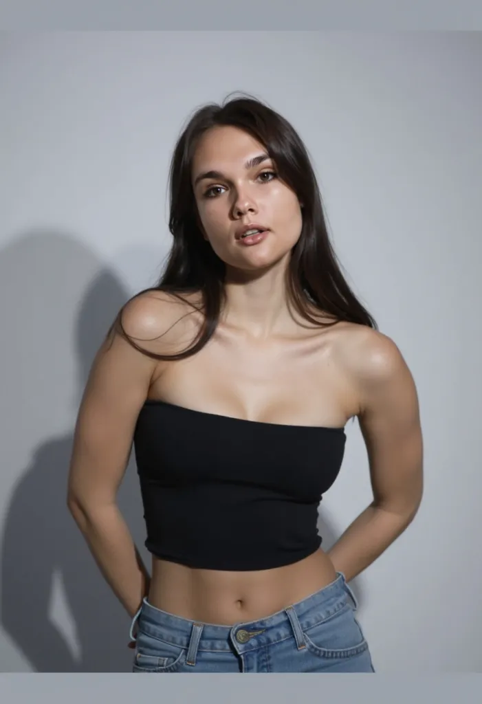 woman in a black top and jeans posing for a picture, portrait sophie mudd, black top, 2 female model, she is wearing a black tank top, wearing a sexy cropped top, wearing a cropped black tank top, wearing a black cropped tank top, gorgeous young model, vio...