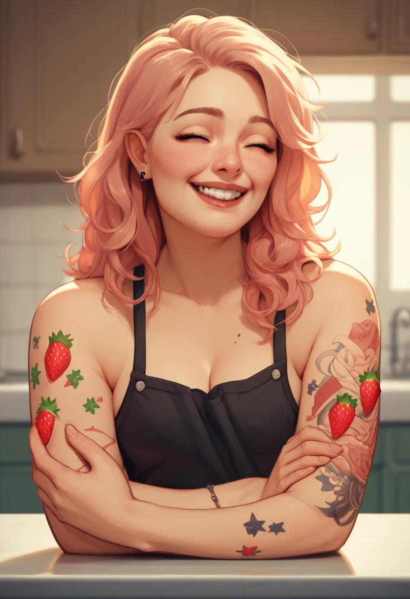 pudgy young woman in her kitchen. She is happy, strawberry -blonde hair, best quality, masterpiece, one small tattoo on arm