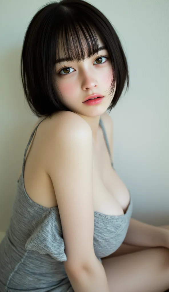 8K, masterpiece, highest quality, korea’s beautiful women, close-up, high-angle view.
Pale skin , black Layered Bob Haircut With Shaved Sides, Shiny Hair, large eyes, small nose, full lips , smiling at viewer , pinup.
big breasts, slender body, skinny , we...