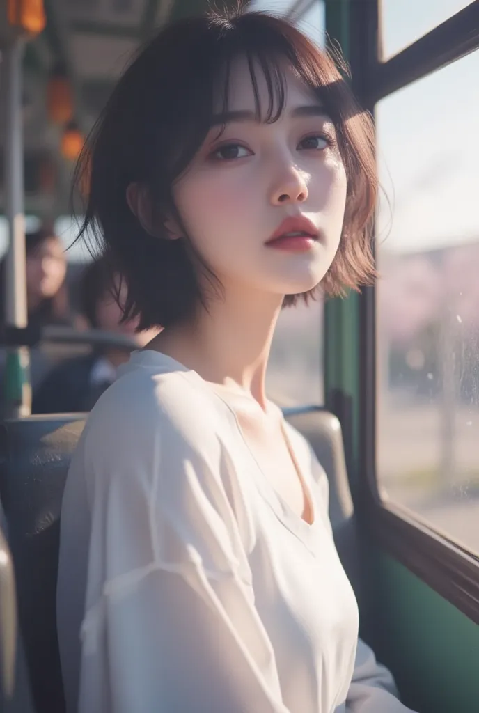 masterpiece, best quality, photorealistic, 1girl, stunning innocent symmetry face, white shirt, emotional, big breasts, (PureErosFace_V1:0.7), A woman with a hot and attractive face, freckles, On the bus in the city, the cherry blossom road in the city tha...