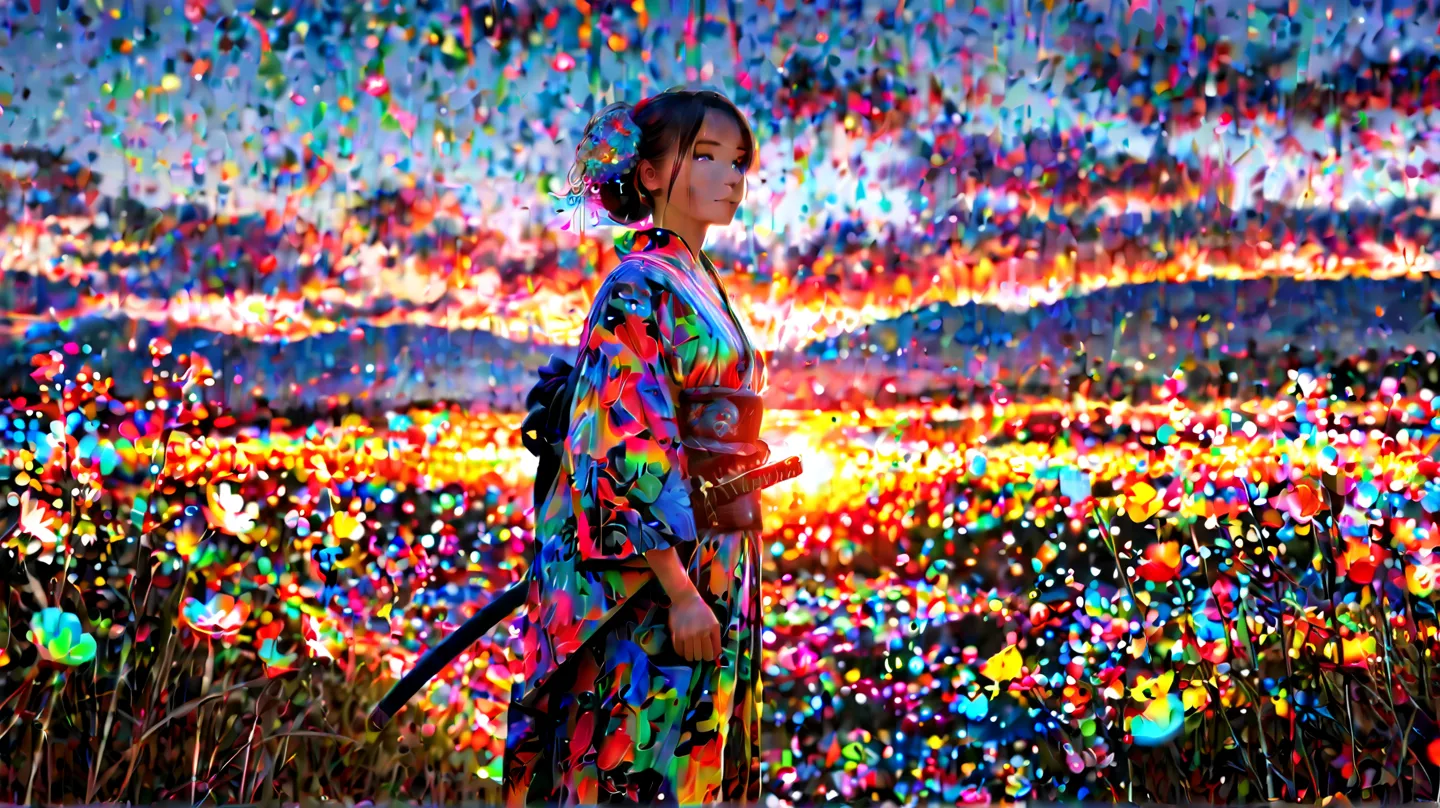  beautiful girl with dark hair,Samurai kimono, Japanese sword,HIGH RESOLUTION,high quality,Analog Art,realistic,realism,Digital art with soul,Traditional, Japanese landscape,at dusk,natural light,details,blend,colorful,real,4K,sharp focus,physics-based ren...