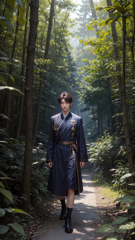  A young male ，Around 20 years old， beautiful and beautiful ，Korean boy band style，navy dress，brunette，Walking in the woods，fantasy style，surreal， HD，OC Rendering