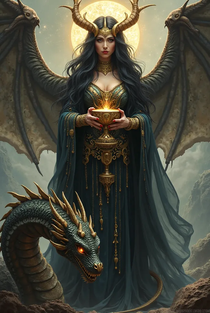 Deusa Astaroth,  black-haired woman , with a golden tiara,  holding a cup , with a serpent wrapped around its legs, being worshiped by a dragon.