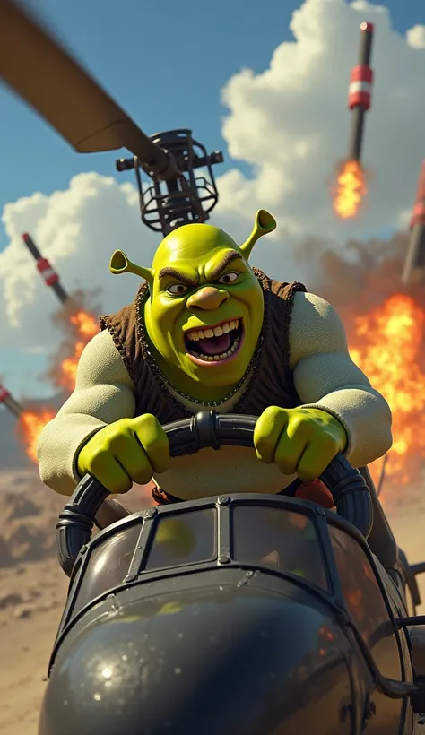 Shrek original com raiva, piloting a helicopter and throwing giant dynamite into the sky 