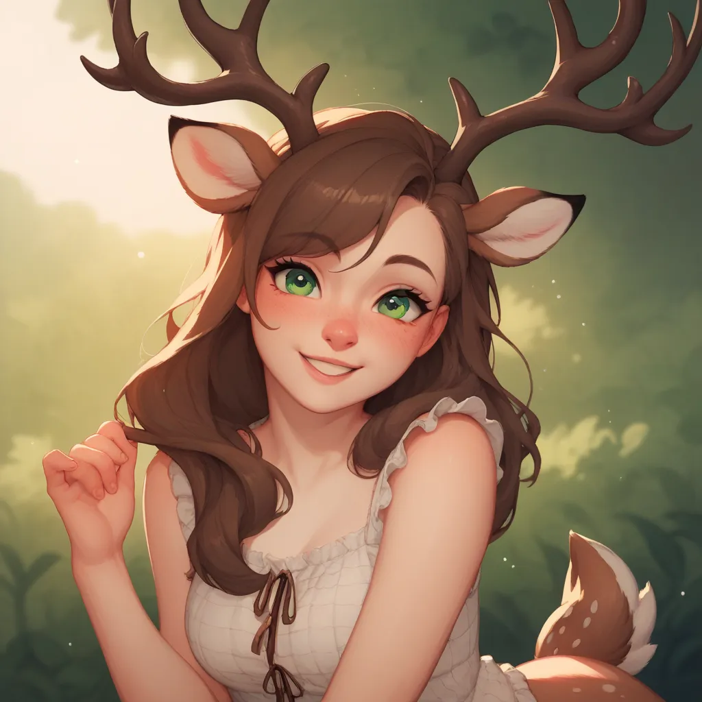 1girl, Solo, Looking at viewer,  White Skin, Long Hair, Brown Hair, Smile, Blush, Deer Antlers, Deer Tail, Cute, Green Eyes, 