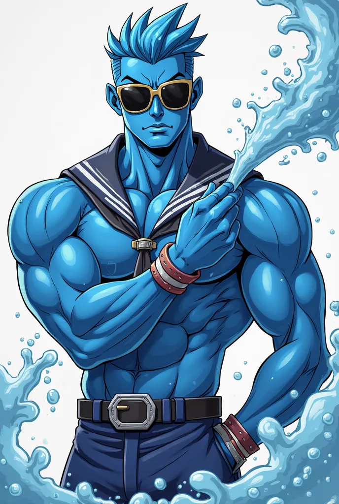 anime style,in the style of Jojo's Bizarre Adventures,a specific blue humanoid being,who has a specific muscular body,Do you have dark glasses to hide your eyes,He has a sailor's outfit but a bit similar to that of the character Quico de Chavez,Where he lo...