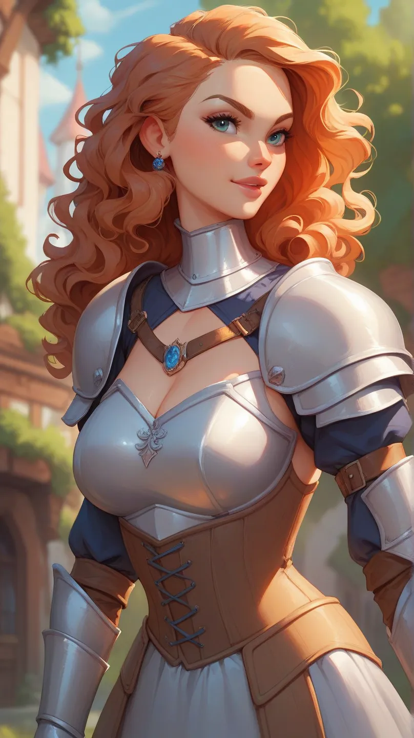 beautiful girl with short wavy hair with defined curves, showing the entire body wearing medieval armor