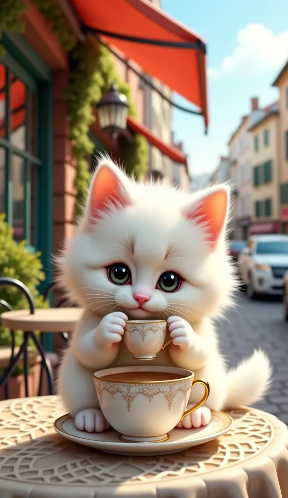 The work that influenced Edmund Brampood at a street corner cafe 、Kitten having tea。White and fluffy、Fluffy