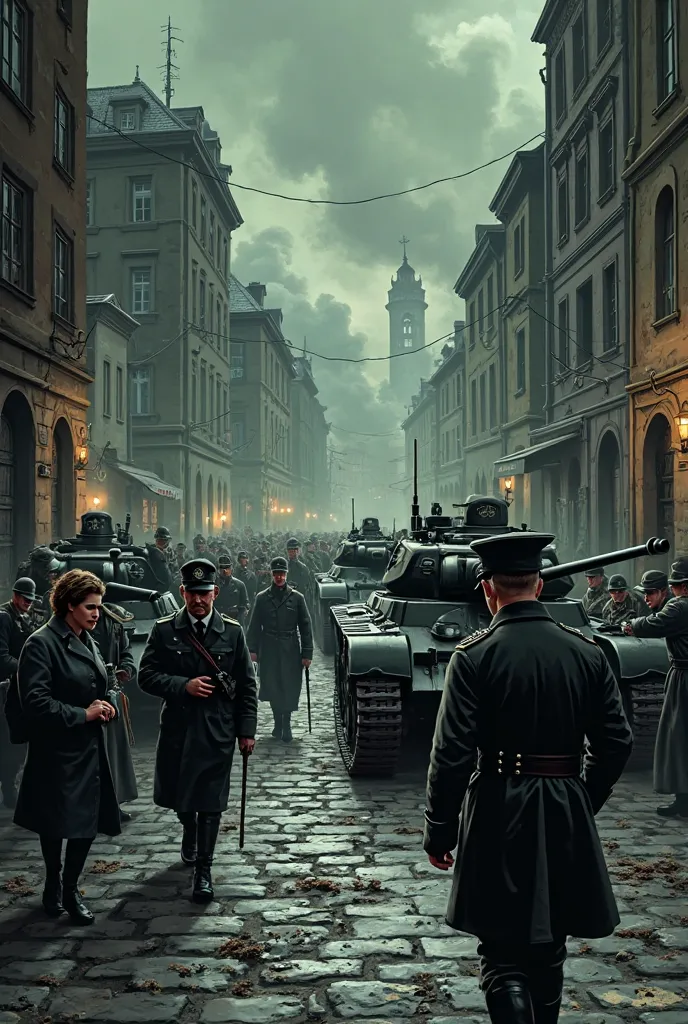 A dramatic and intense illustration in a noir comic book style with a cinematic touch, depicting the German army advancing into a European city in 1942 during World War II. The streets are narrow and made of cobblestone, lined with old European buildings, ...