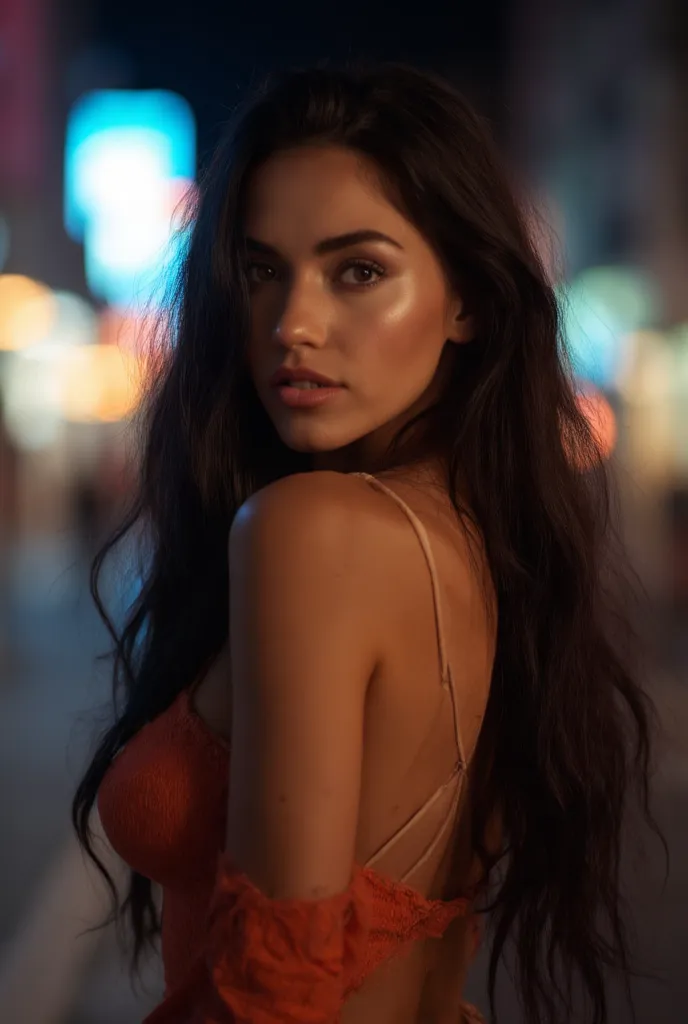 A Ukrainian model, 20 years, long black hair, blue eyes , high, showing the whole body, big boobs,c sculptural body, hourglass body, corpo Mikayla Demaiter, short dress,  sexy dress, night, walking in the streets, Miami beach. Highly detailed, detailed ski...