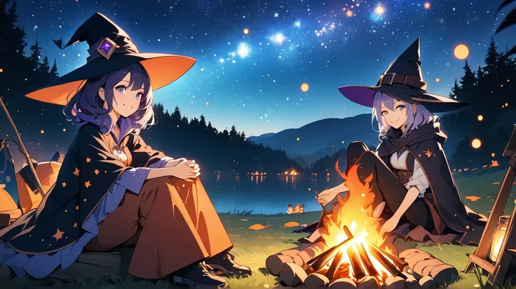 Anime style, otherworldly fantasy, smiling hero and beautiful witch sitting and relaxing watching a bonfire under a fantastic starry sky.