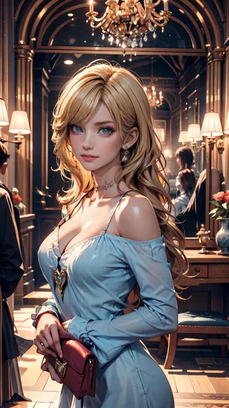 masterpiece, best quality, bubble, long sleeve off-the-shoulder blue dress（ Sequins ）, Blonde Twin Tails, pretty face, Extremely Detailed Eyes, ((Top Quality, 8k,  masterpiece :1.3)), sharp concentration :1.2, perfect body beauty: 1.4,  slim: 1.2,  24-year...