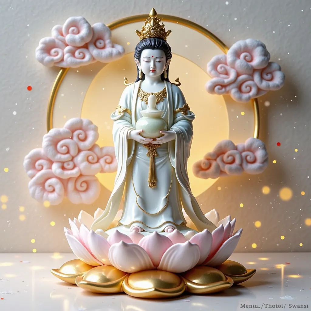 "Kannon Bodhisattva，Holding a jade clean bottle，from between hair strands，and frozen breathing to form a visual rhythm interlaced with reality。The，translucent ice fog in the motion blurry snowflake particle effect continues to evaporate，, a low-temperature...