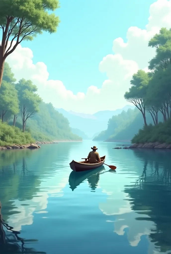 A beautiful river without fish and a fisherman on a boat