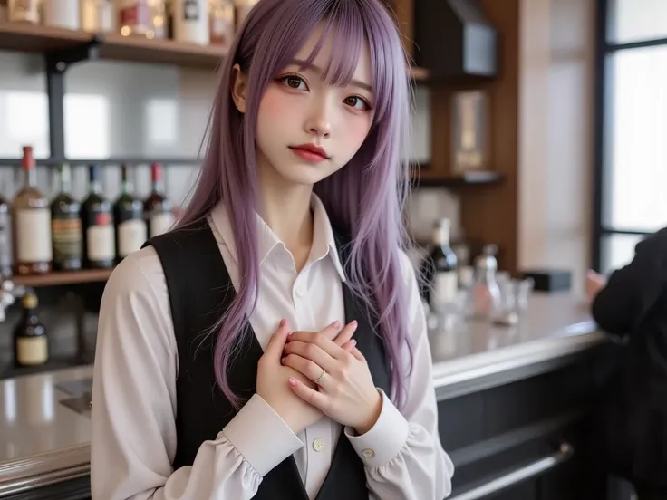 1 girl, alone, bungs, , Put your hands on your chest at,  Jill Stingray,  Long Sleeve,  Viewer, purple hair, medium chest, tie,   shirt, alone, upper body, vest,    bartender  , vest, white   shirt,