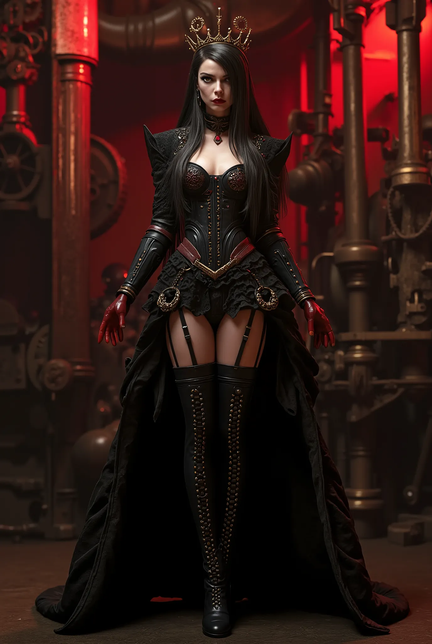 A 3D render of a hauntingly realistic portrayal best quality, highres, 4k, 8k, amazing quality, Photo full portrait of photo real. black and red steampunk woman. thigh high boots with 6 inch heels. steampunk background. “full body portrait