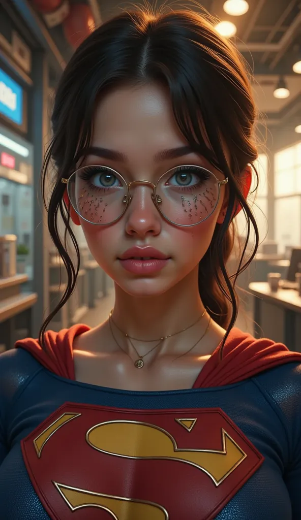 FULL BODY VIEW OF A CUTE AND YOUNG 18-YEAR-OLD-GIRL AS SUPERGIRL WITH BLUE ANIME EYES AND GLASSES. The dimly lit ambiance, combined with realistic shadows and warm spotlights, enhances her striking facial features and the rich textures of her SUPERGIRL cos...