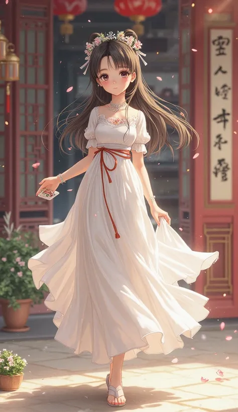 Old-fashioned national anime。Ding Li's white skirt，Step lightly into the jewelry store，The corner of the skirt gently swings with her steps，Like flower petals swaying with the wind in spring。 Her hair is like a waterfall ，Pull up，A few strands of hair hang...