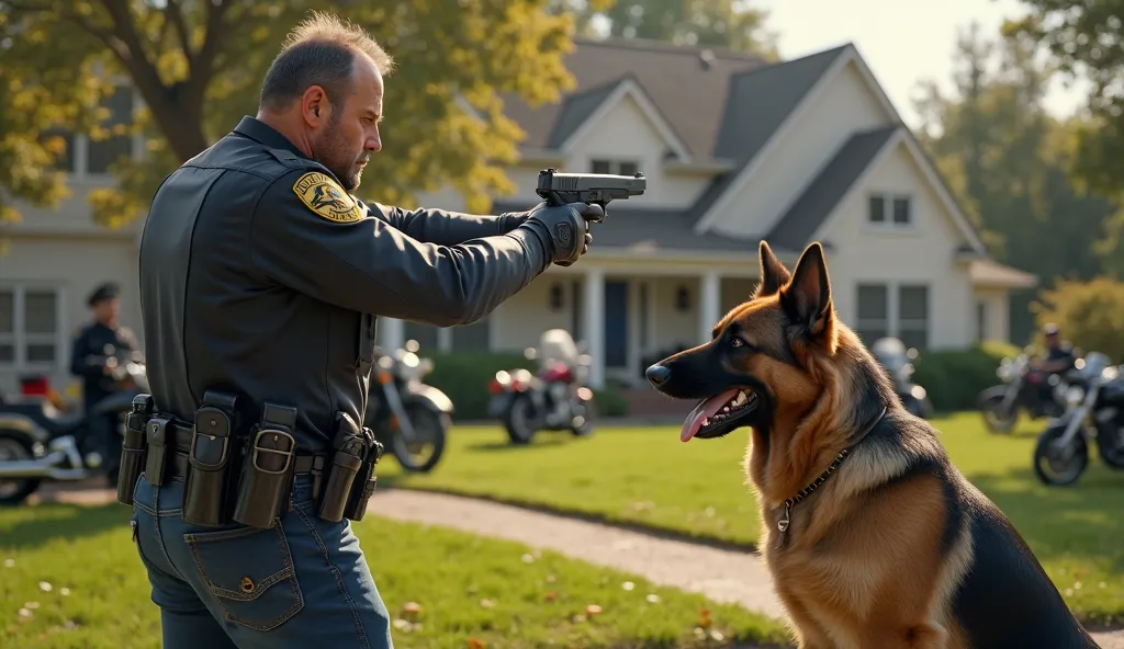 A highly detailed, 16K image of an American deputy holding his pistol aimed at a biker, while his German Shepherd. The background is the Sanders’ front yard, with motorcycles and officers arriving.