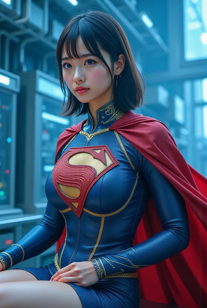 A VERY VERY SEXY CUTE BLUE EYED YOUNG JAPANESE  GIRL BOMBARDED WITH SUPERMAN DNA POWERS IN A TOP SECRET WHIE CONFINED TO A METAL LAB CHAIR AND TRANSFORMS HER INTO A BLUE EYED NERDY GIGANTESS FEMALE VERSION OF SUPERMAN AFTER GETTING BOMBARDED WITH GIGANTESS...