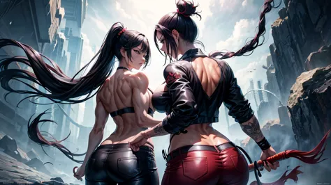 yakuza woman, cigarette in mouth, black hair ponytail, large breasts, bandages on the breasts, muscular woman, mature woman, tall woman, social pants, from below, back side view, akuma's pose, splash art, epic, (Highly detailed CG Unity 8K wallpapers, mast...