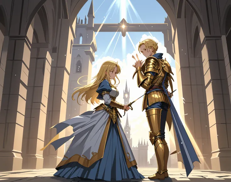 An anime-style blonde girl dressed in a majestic golden Western-style suit of armor stands in front of a grand medieval castle. She holds a glowing sword in her right hand, its radiant light reflecting off her polished armor. As she gracefully turns around...