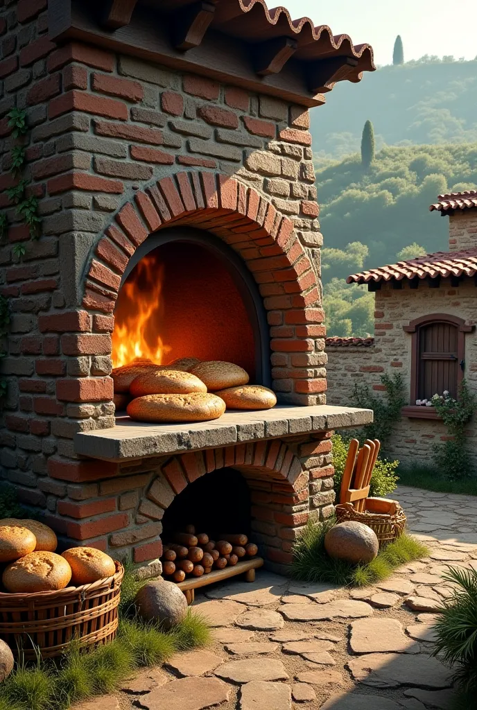 An old oven with bread cooking in ancient style to make a logo 