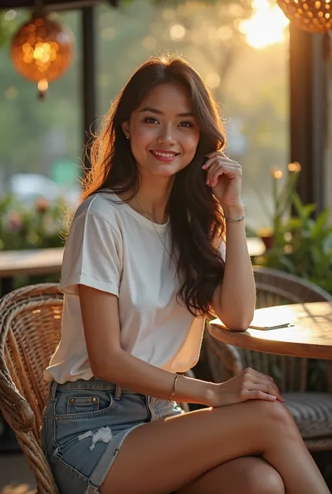 . Beautiful Thai model, 22 years old,Around the chest of 39 inches,Long hair ,wearing a white t-shirt,dressed in gypsy pants. Women's Shorts,sitting for coffee in a masculine atmosphere,in the morning hours,There was a sunset in the morning,there was a thi...