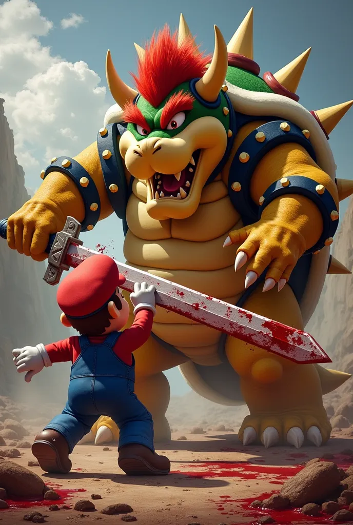 Bowser killing the mario with big sword, blood, assasination, injuries