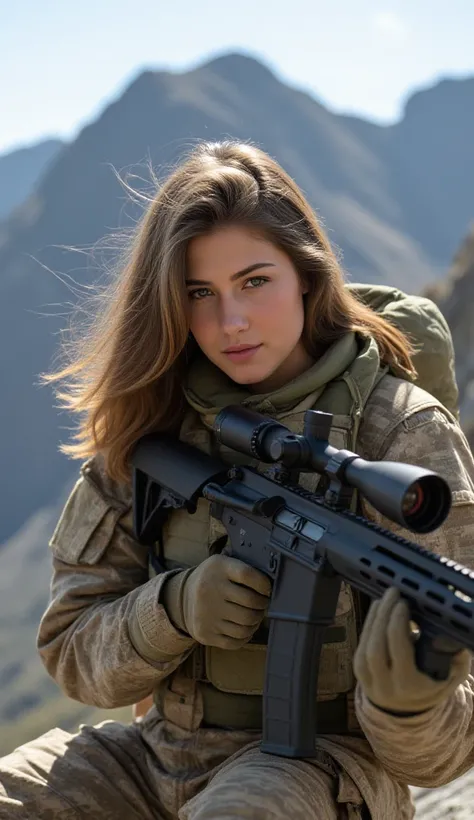 "A beautiful Chilean female soldier with long brown hair and intense green eyes, wearing a rugged Andean mountain camouflage uniform. She grips an SG 550 sniper rifle, positioned on a rocky cliff with the towering Andes Mountains in the background. The win...