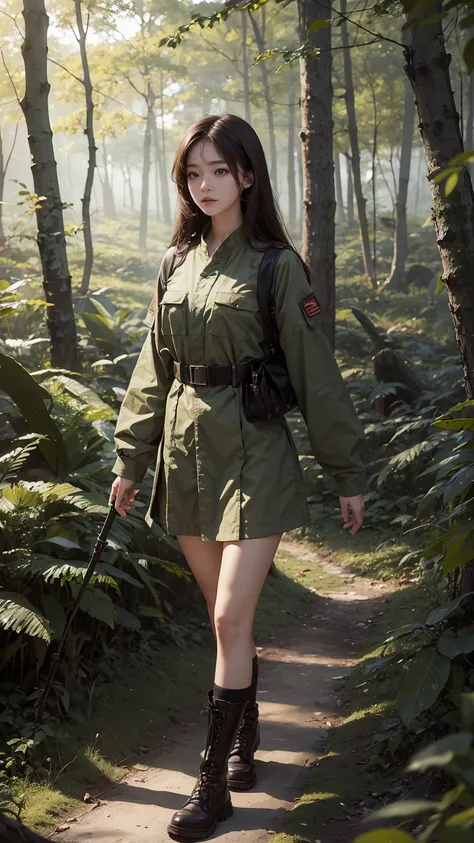 a young woman，Around 20 years old， beautiful and beautiful ，Korean girl group style，army clothes，brunette，Walking in the woods，fantasy style，surreal， HD，OC Rendering