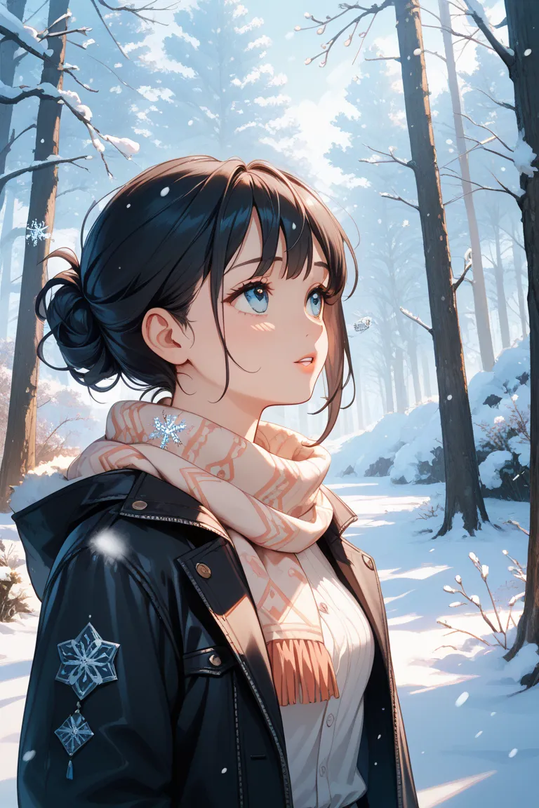 A young woman with shoulder-length black hair looking up. She is wearing a dark jacket and a pastel-colored scarf. The scenery is set in winter, with bare trees covered in a light layer of snow. Snowflakes gently fall from the sky, creating a serene and pe...