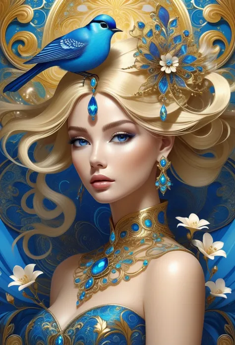 3D a person with elaborately styled blonde hair, her face is heavenly The hair is adorned with jewels and flowers, giving it an ornate appearance. A small, blue bird hovers near the person s head. The background features intricate golden patterns, reminis...