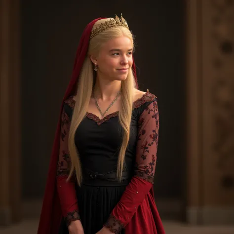 Create a Medieval-style painting of a Princess Rhaenyra Targaryen standing softly smiling, wearing gorgeous black and red dress, with golden tiara with long veil underneath ,her hair is in silky long and wavy, and her eyes are lavender colour 