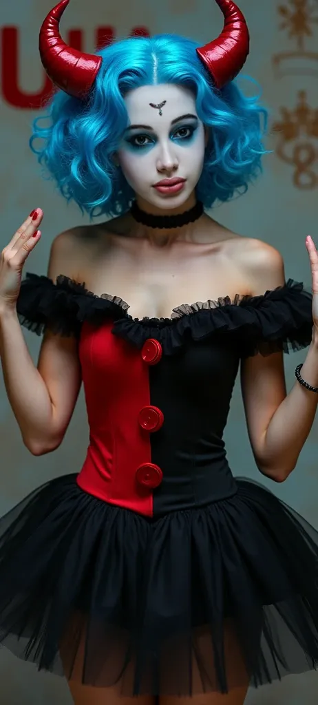 A woman dressed in a clown costume with short curly hair in a vibrant blue and dramatic makeup design including exaggerated red lips, a red painted nose and dark eyes and blue eyeshadow. With horns on her forehead, full body, The costume is split in two, w...